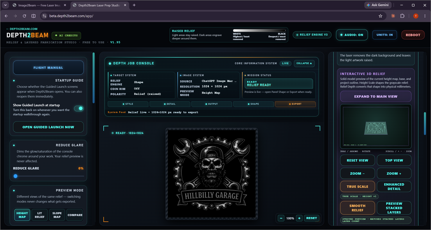 Depth2Beam Export console with the Interactive 3D Relief panel and a small rotating 3D preview