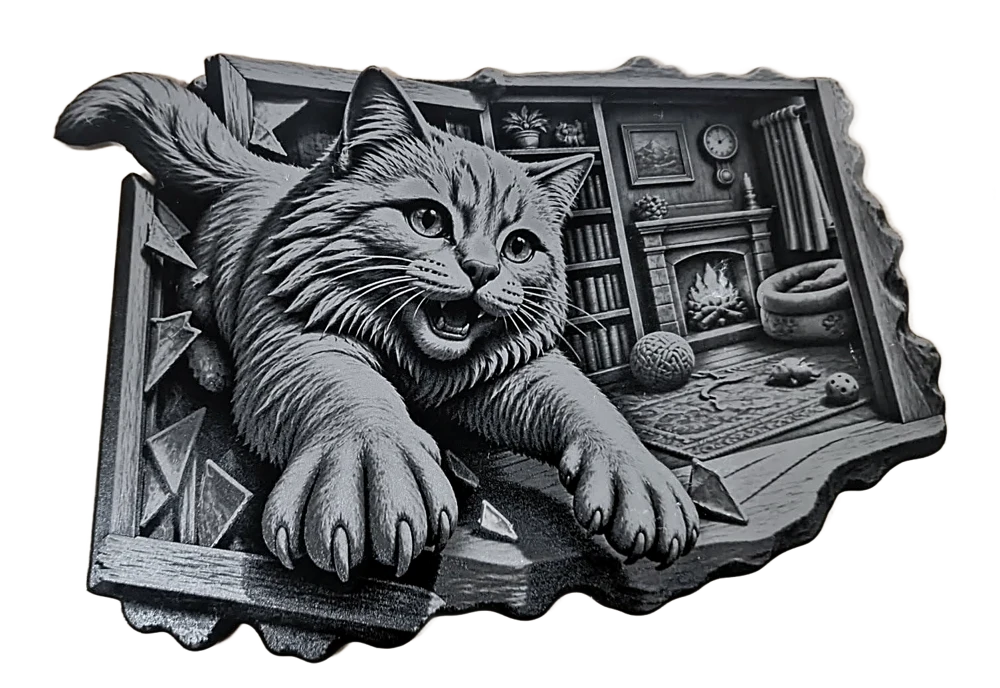 Customer engraving of a cat leaping out of a window