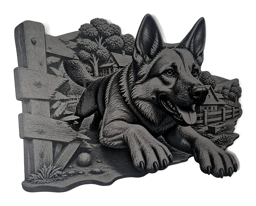 Customer engraving of a German shepherd breaking through a fence