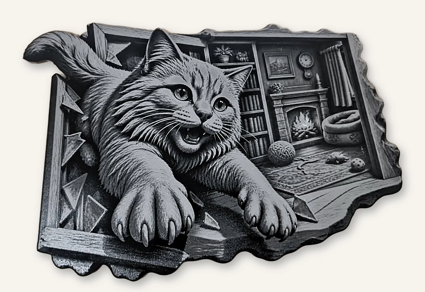 Cat leaping out of a broken window, laser engraved and cut out