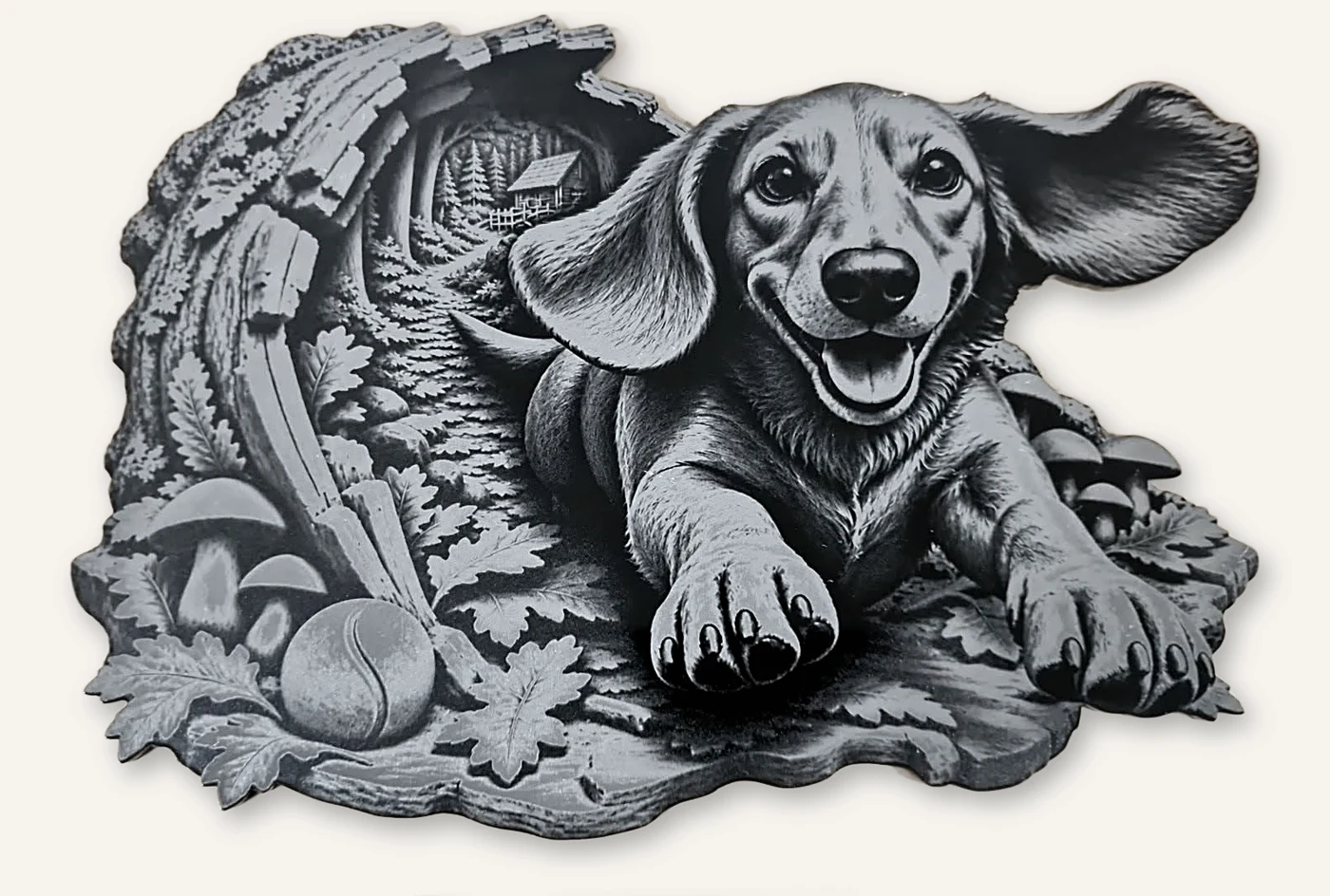 Dachshund running out of a hollow log, laser engraved and cut out