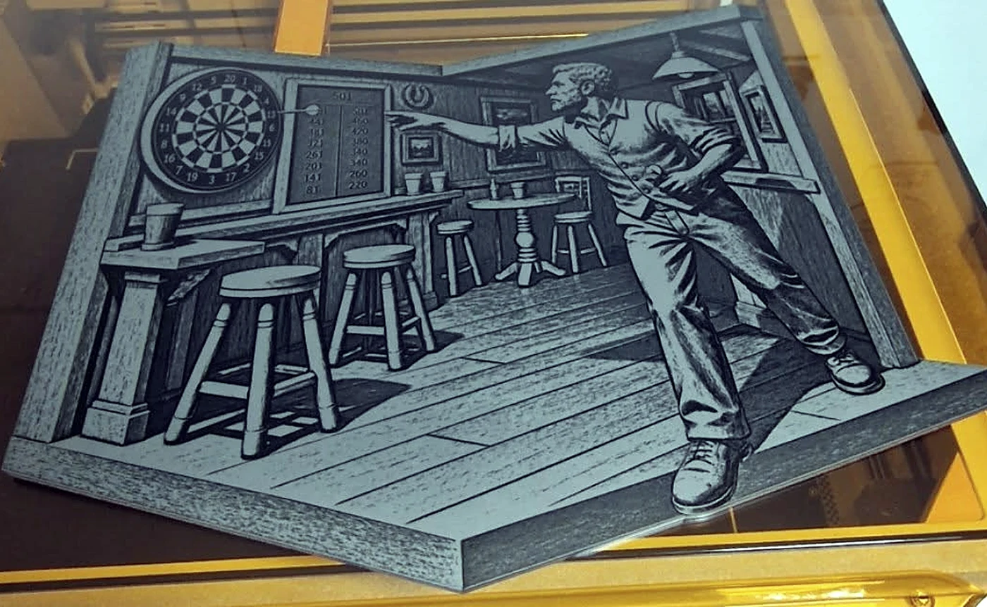 Darts player in a pub corner diorama, laser engraved and cut out