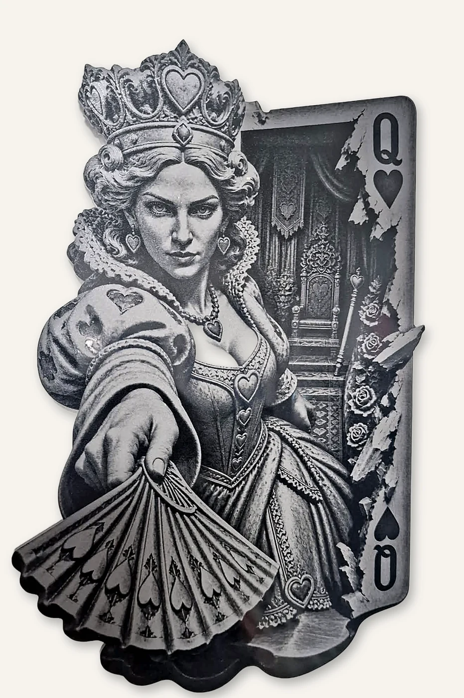 Queen of hearts stepping out of a playing card, laser engraved and cut out
