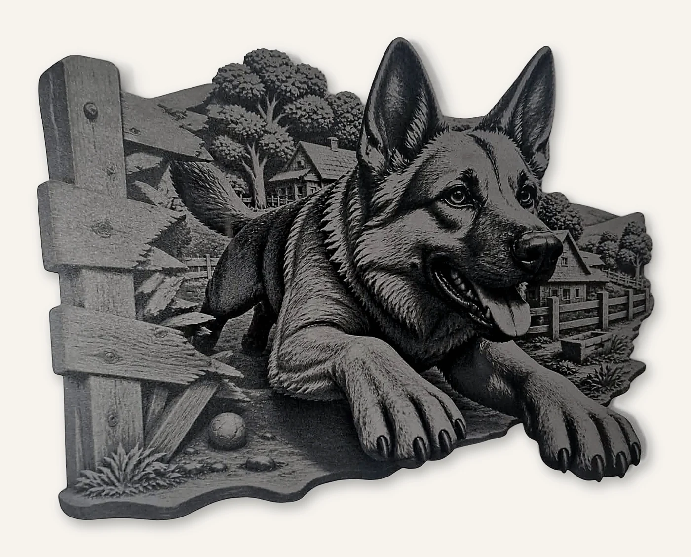 German shepherd breaking through a wooden fence, laser engraved and cut out